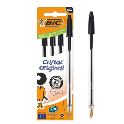 BIC CRISTAL ORIGINAL PENNA A SFERA TRATTO 1 mm INCHIOSTRO NERO CONF 4 Pz.